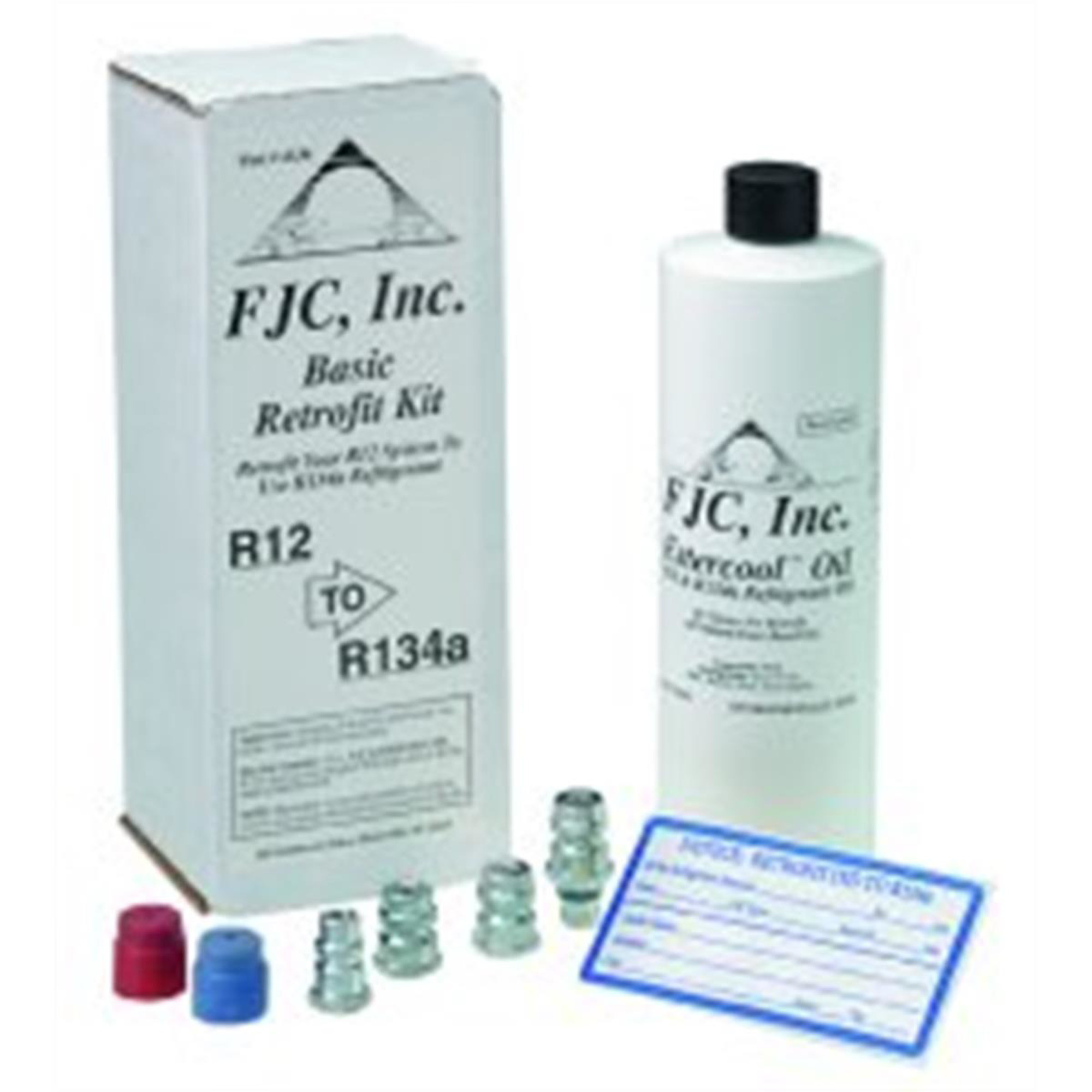 FJC Retrofit Basic Kit — 8 Oz. Estercool Oil, High & Low Side R-134a Service Port Adapters, Model# FJC2538